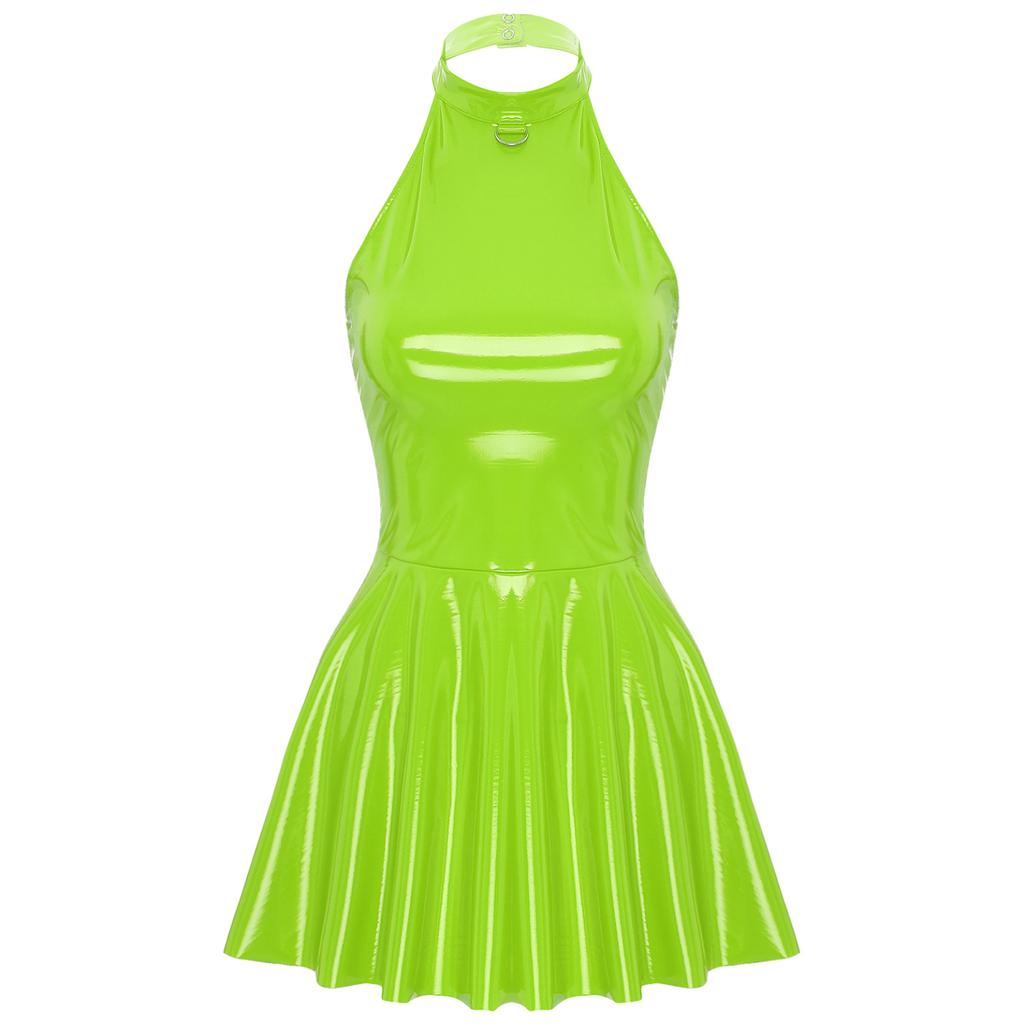 Женское глянцевое лакированное кожаное платье Клубная одежда Мини-платье без рукавов с лямкой на шее Сексуальная танцевальная одежда