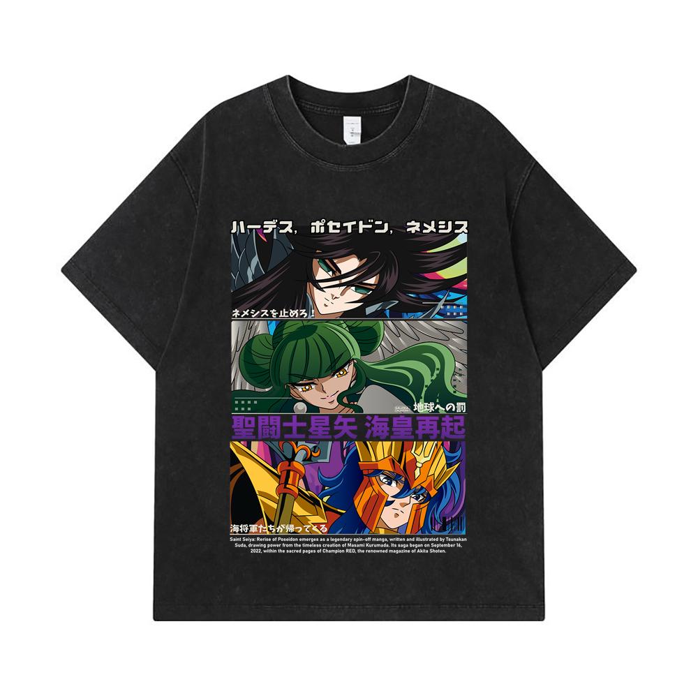 Стиранные футболки 275 г/м² 100% Хлопок Saint Seiya V3 Rerise of Poseidon Принт Унисекс Тяжелая Хлопковая Футболка