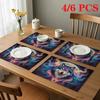 4pcs/6pcs Rectangular Placemats Suitable for Home & Restaurants - Mysterious Blue Wolf Iridescent Rune Table Mats with Star & Moon Design, Heat-Resist