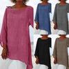Soft Products Plus Size Women Solid Color Linen O-Neck Long Sleeve Irregular Tunic Top T-Shirt