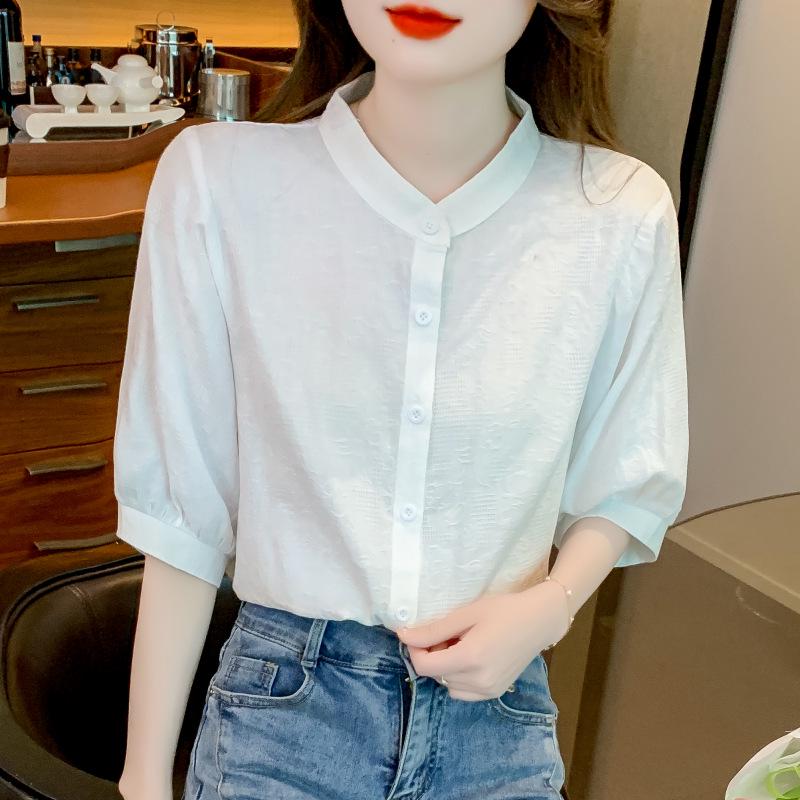Летняя женская блузка свободного кроя из чистого хлопка с рукавами пять четвертей и воротником-стойкой