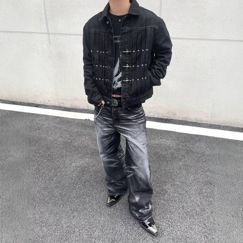 Mens Retro Denim Jacket Short Cropped Fit Hip Hop Style With Metal Snap Buttons Pleated Detail