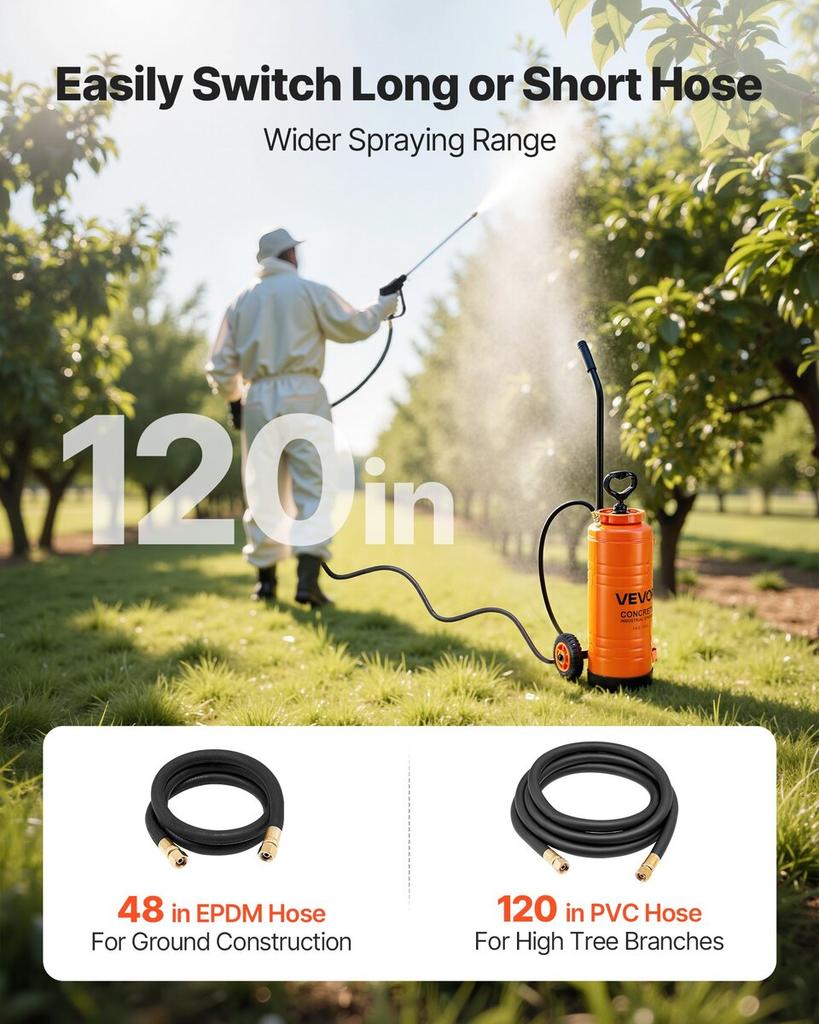 Industrial Concrete Sprayer with Wheeled Cart, 14L Stainless Steel Sprayer, Heavy Duty Tri-Poxy Pump Sprayers, 52cm Wand, 1.2m & 3m Hoses, 2 Brass