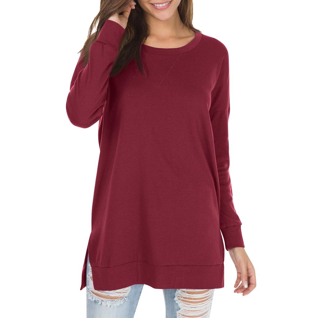 Women's Fall Long Sleeve Side Split Loose Blouses Casual Pullover Tunic Tops