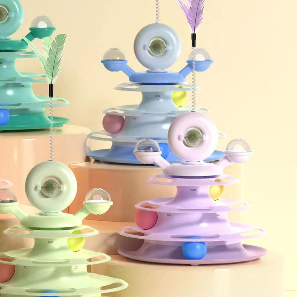 Cat Ball Tower Toy with Feather Catnip 4 Layer Rail Pet Turntable Game for Exercise Purple