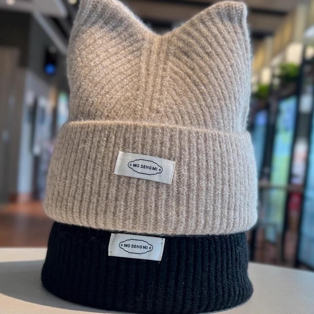 Cat Ear Beanie Cap Letter Patch Winter Cap Simple Knitted Hat Men