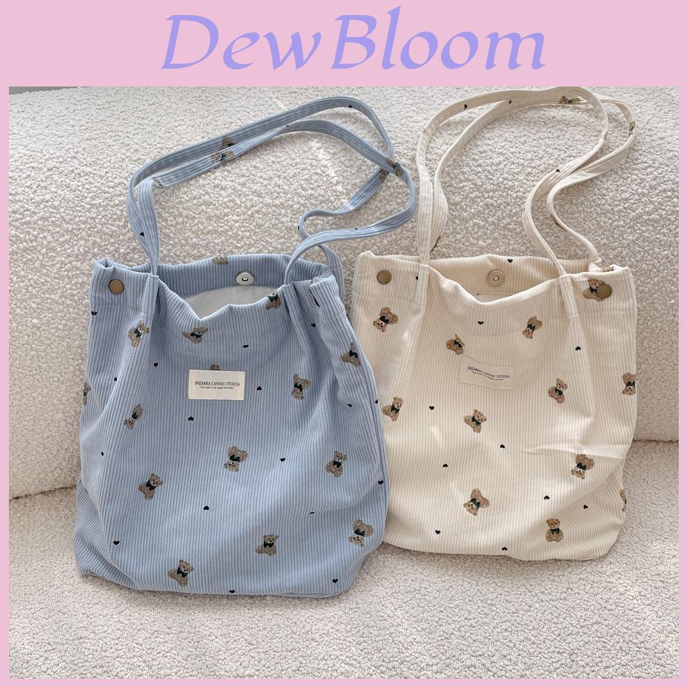 Adorable Corduroy Bear Print Canvas Tote Bag Spacious Soft Shoulder Bag For Students