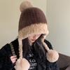 Зимняя шапка от холода с большой окружностью головы, плюшевая подвесная шапка с шариком, милая защитная шапка для защиты ушей, детская толстая плюшевая вязаная шапка с цветными блоками