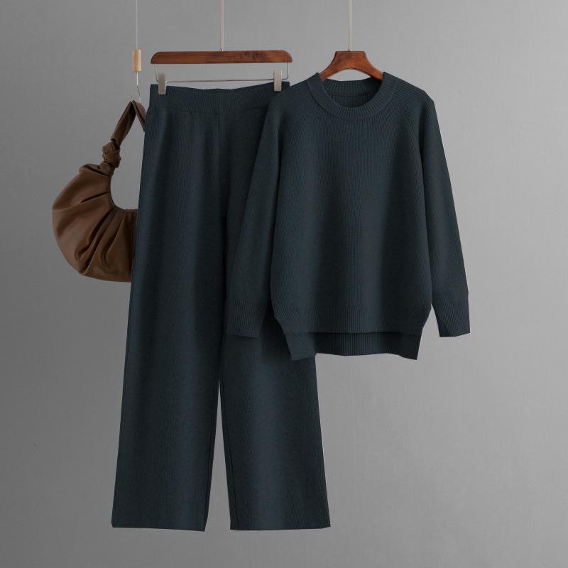 QICED Зимний теплый вязаный комплект для женщин, свободный свитер с длинным рукавом и круглым вырезом, модные брюки палаццо, комплект из двух предметов для женщин