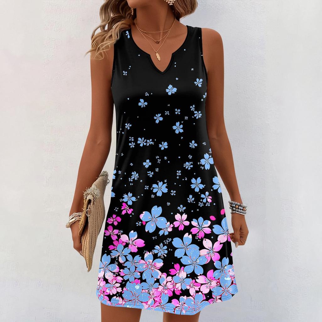 Женские летние платья с V-образным вырезом и принтом без рукавов Сарафан Повседневное платье