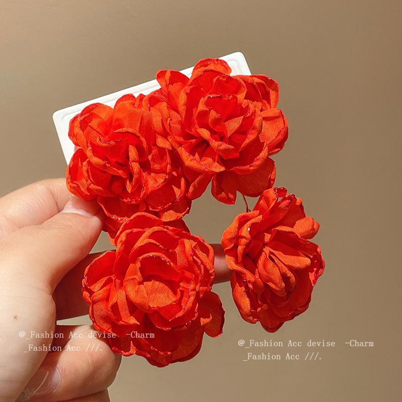 Silver needle fabric orange flower earrings simple Chinese style exaggerated earrings niche high-end fashion earrings