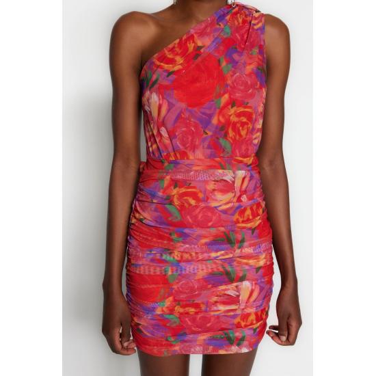 Multicolored Fitted Lined Knitted Floral Pattern Dress