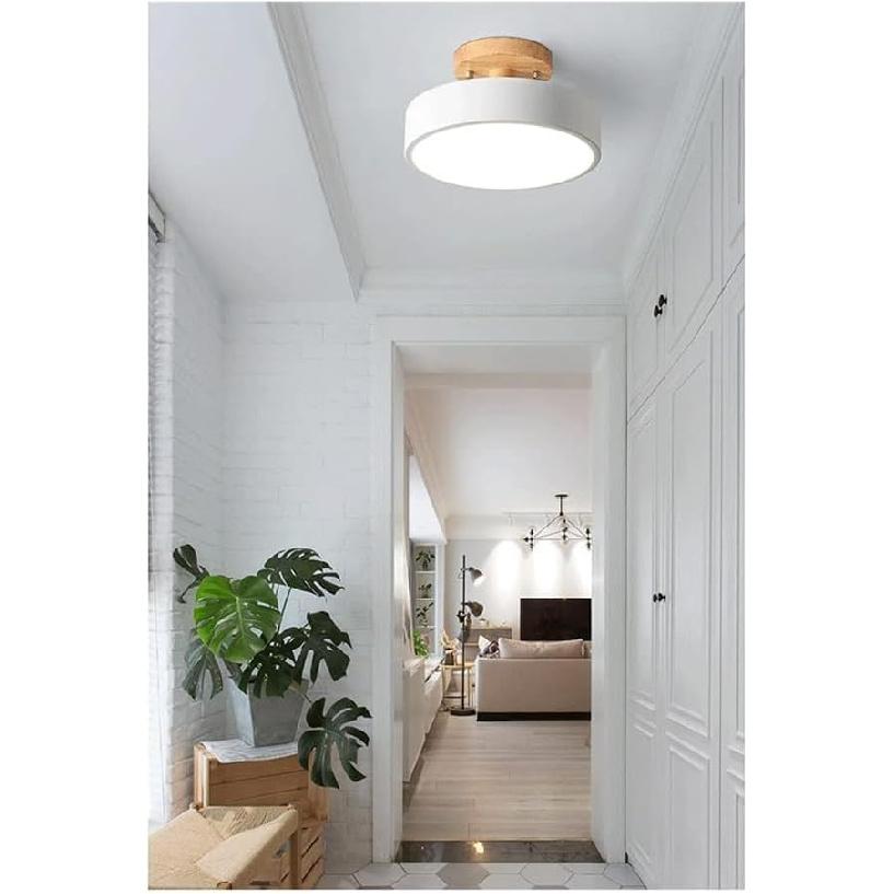 Nordic Log Round LED Semi-flush Mount Ceiling Light - Modern Dimmable Circular Hallway Light Fixture In White, Green, Gray, or Pink | Rustic Kitchen