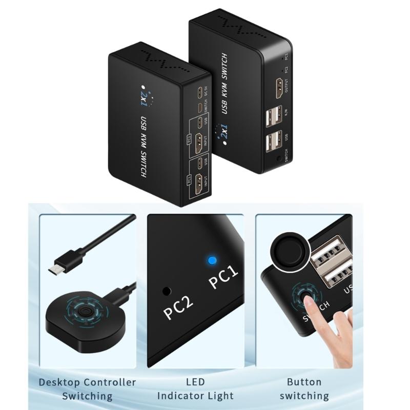 HDTV KVM Переключатель 2 входа 1 выход 4K 60 Гц Общий доступ к USB-клавиатуре и мыши Селектор-переключатель 4K 60 Гц Для ПК Ноутбука Офиса