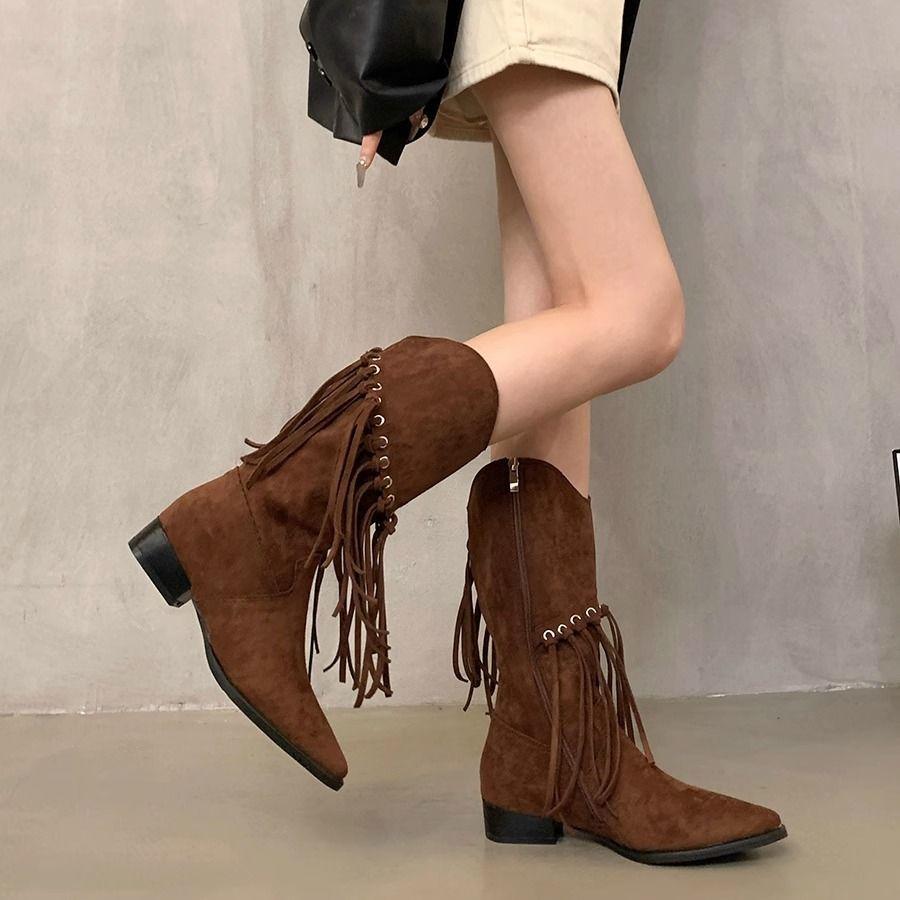 Fashion Elegant with Low Heels Pointed Toe Tassel Half High Boots for Women Spring Autumn Mid Calf Shoes Woman Large Size Hot Chic Boot