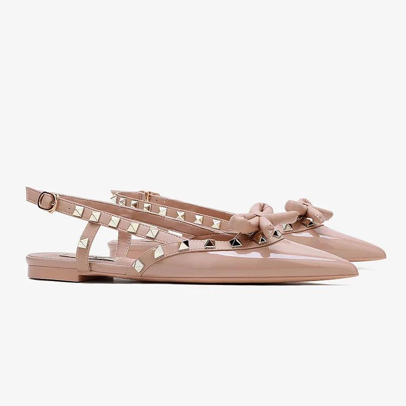 Fashion New Summer Rivet Bownot Solid Color Flat Sandals Fashionable Pointed Versatile Temperament Commuting Shopping Single Shoes 34-41