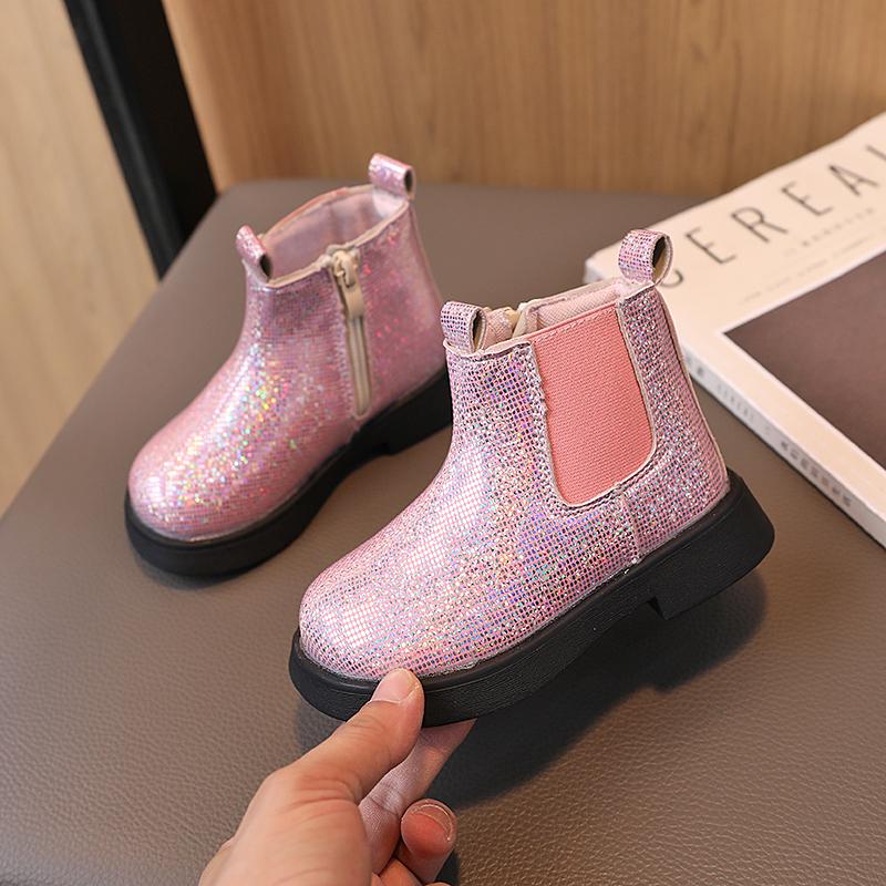 Autumn Spring Children Short Boots Girls Crystal Chelsea Boots Little Princess Bling Bling Baby Shoes Kids Leather Boots
