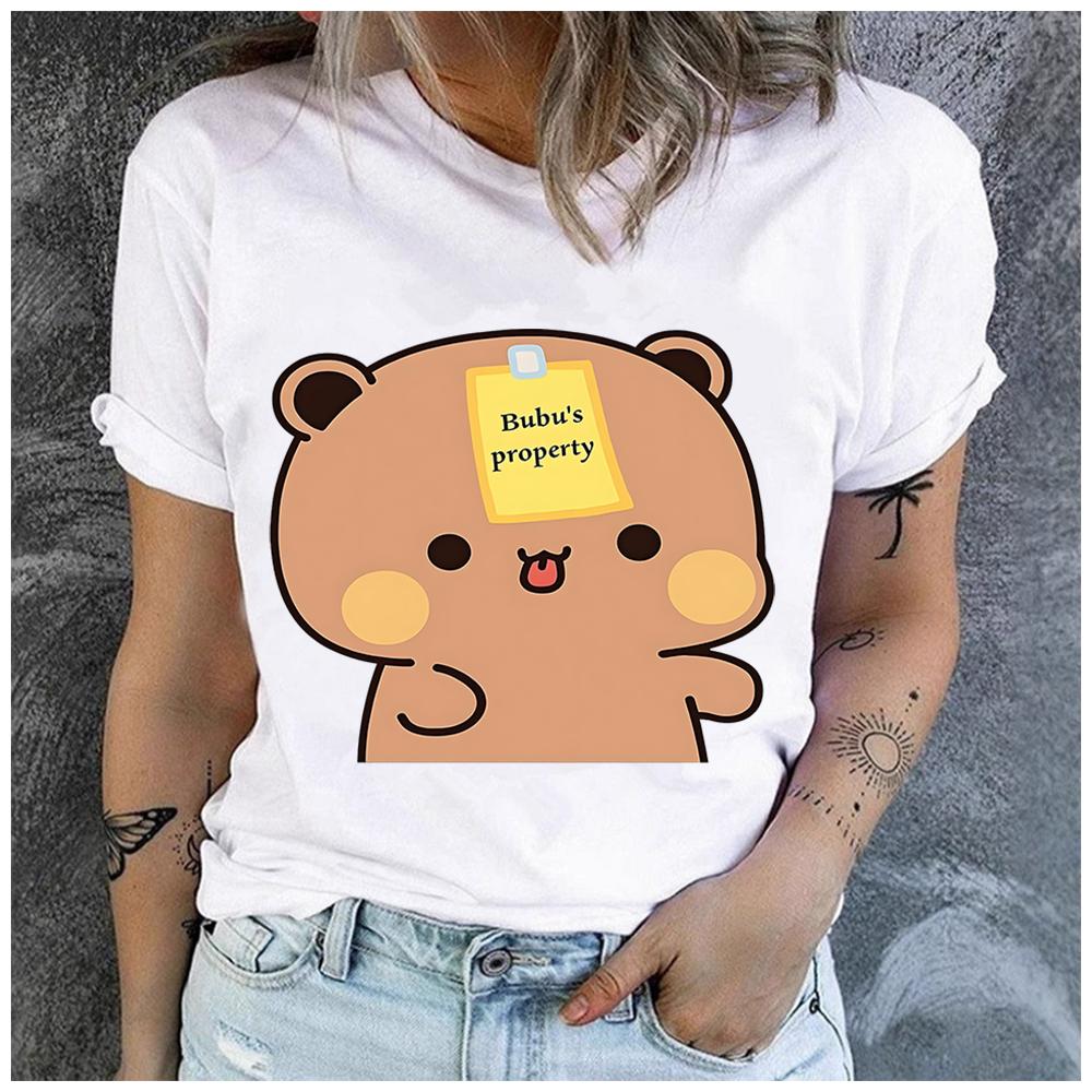 Unisex Polyester 100% round Neck T-Shirt Cartoon Bear Print Fun Text Casual Loose Short Sleeve Fashion Top for Summer