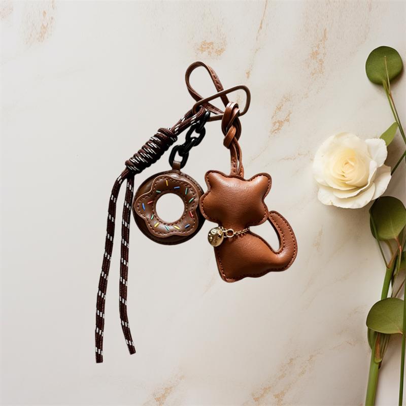Bag Charm Cute Leather Cat Bag Charm Donuts with Aesthetic Backpack Pendant Gift for Cat Lovers Women Girls