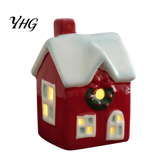 Small Festive Building Models Christmas Ceramic House Figurine, Glowing Window & Chimneys Holiday Decor, Indoor Displays Miniature Tabletop