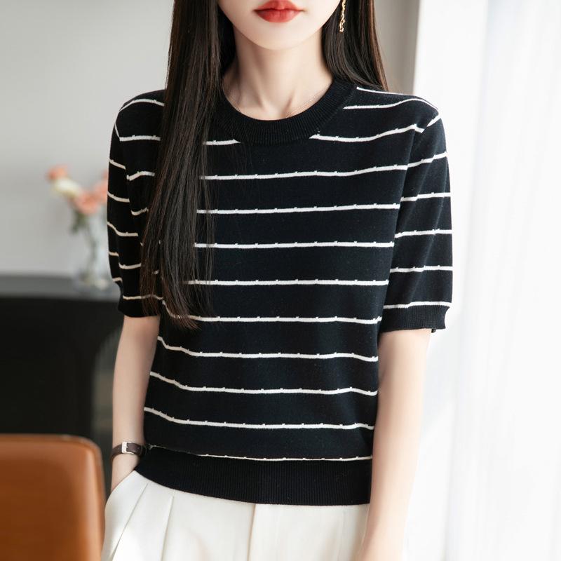 Striped Knitted Short-sleeved T-shirt for Women In Summer Korean Style Round Neck Loose Casual Base Shirt Pure Cotton Top Thin
