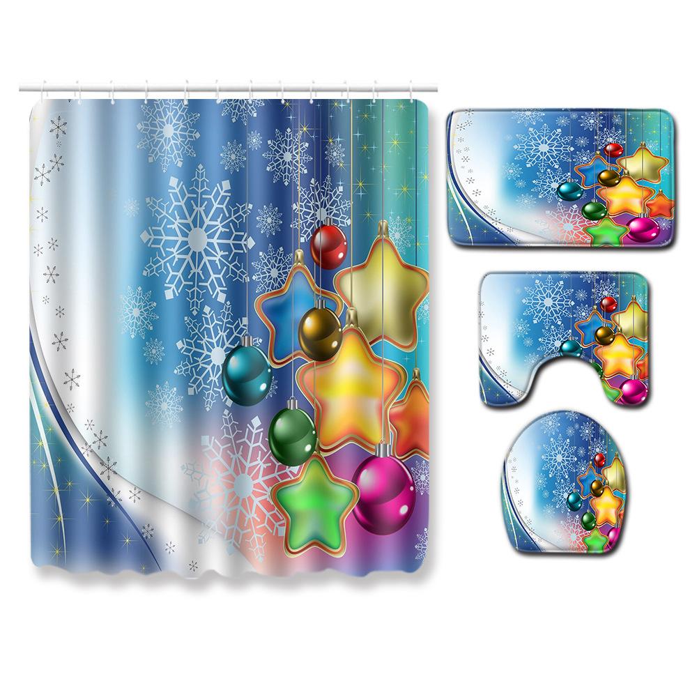 Christmas Waterproof Shower Curtain Four-Piece Combination Floor Mat Entrance Door Mat Bedroom Living Room Carpet