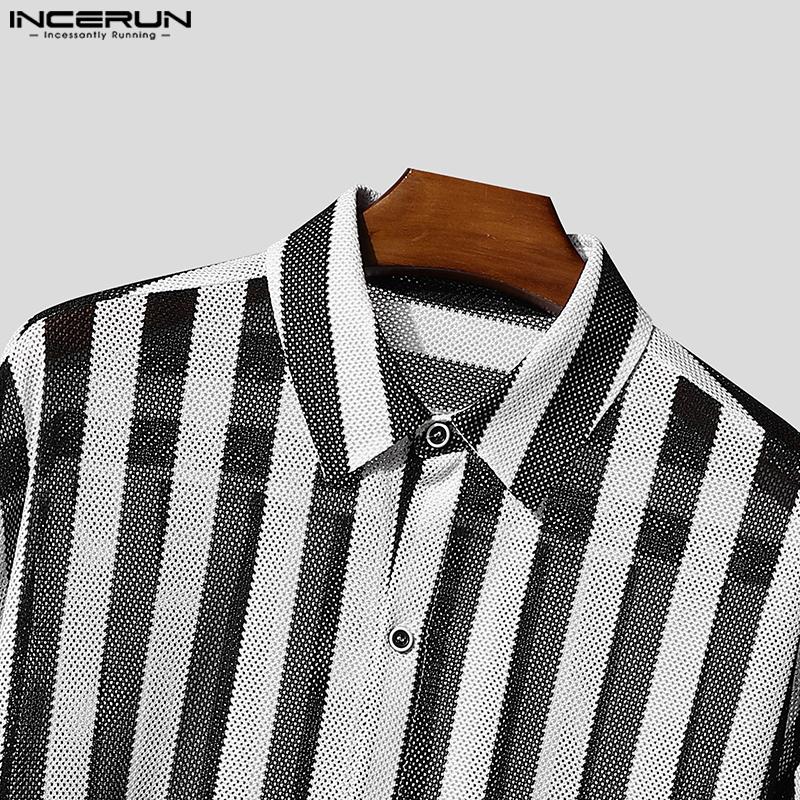 INCERUN Men Long Sleeve Lapel Neck Hollow Out Striped Print Casual Oversized Shirts Tops