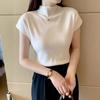 2025 Women's Black Ice Silk Semi-High Neck Short Sleeve Knitted T-Shirt