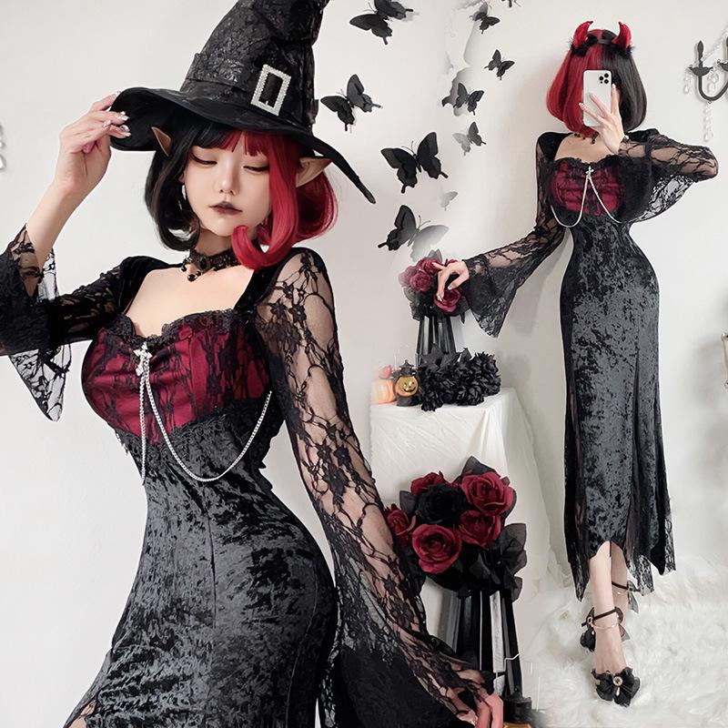 Dark goth halloween costume black dress witch long dress vampire bride outfit style