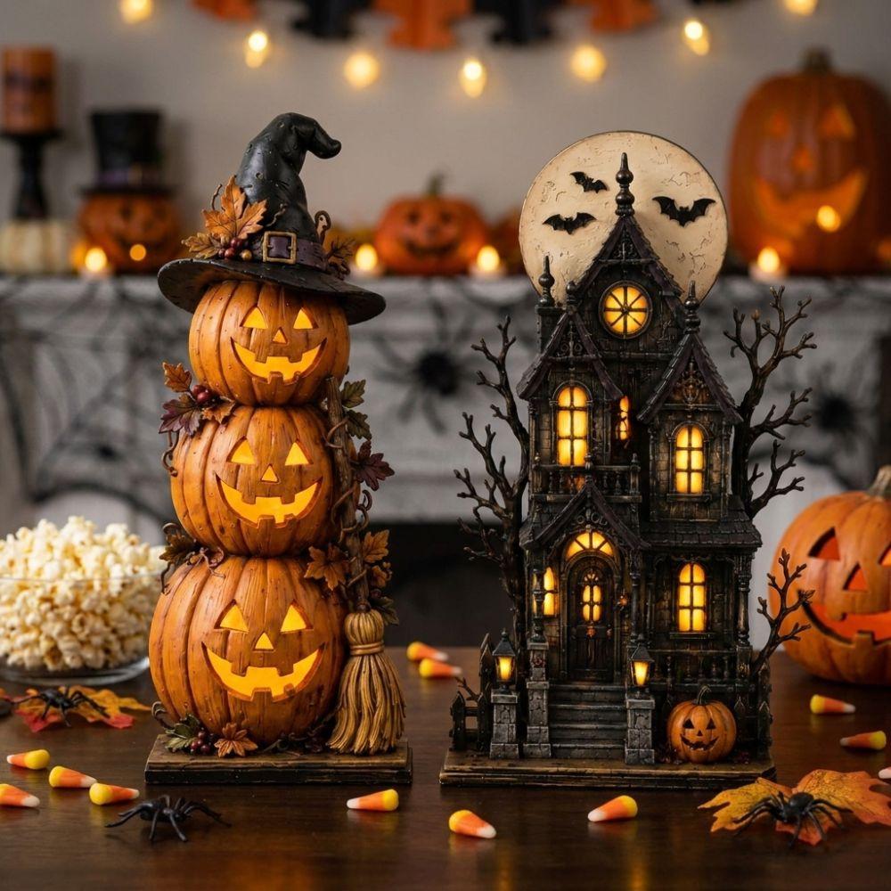 Vintage Wood Haunted House Statue 2D Flat Stacked Pumpkin Cart Ornament Mantel Decor