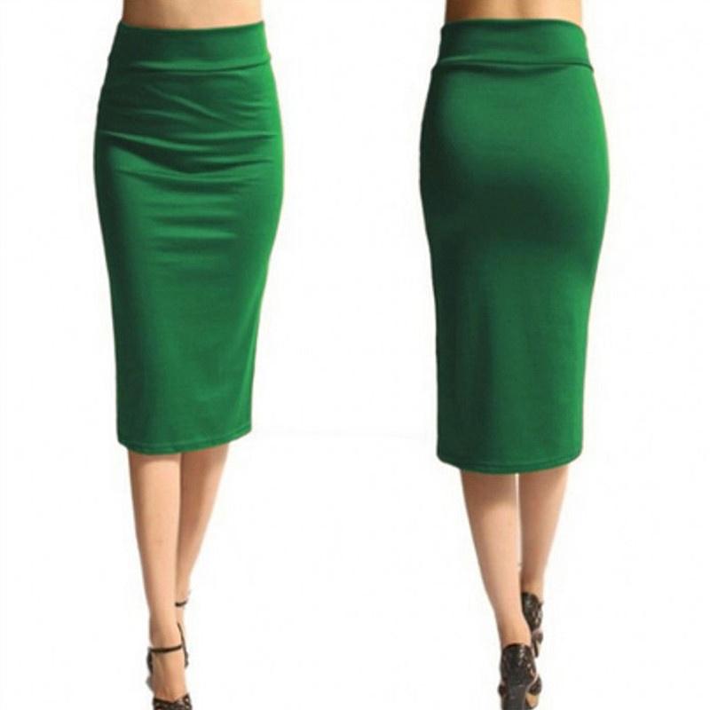 Ladies Plain Office Women Stretch Bodycon Midi Jersey Pencil Skirt