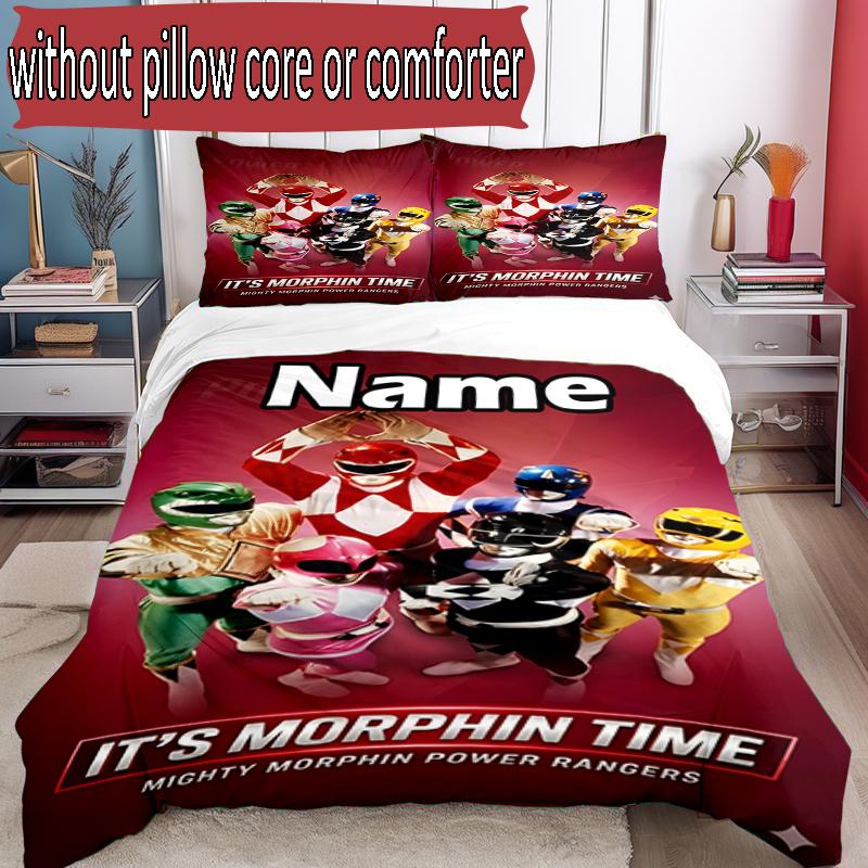 3pcs Duvet Cover Set (1*Duvet Cover + 2*Pillowcase, Without Core), Custom Name Mighty Morphin Power Rangers Pattern Bedding Set, Home Bedroom Decor Gi