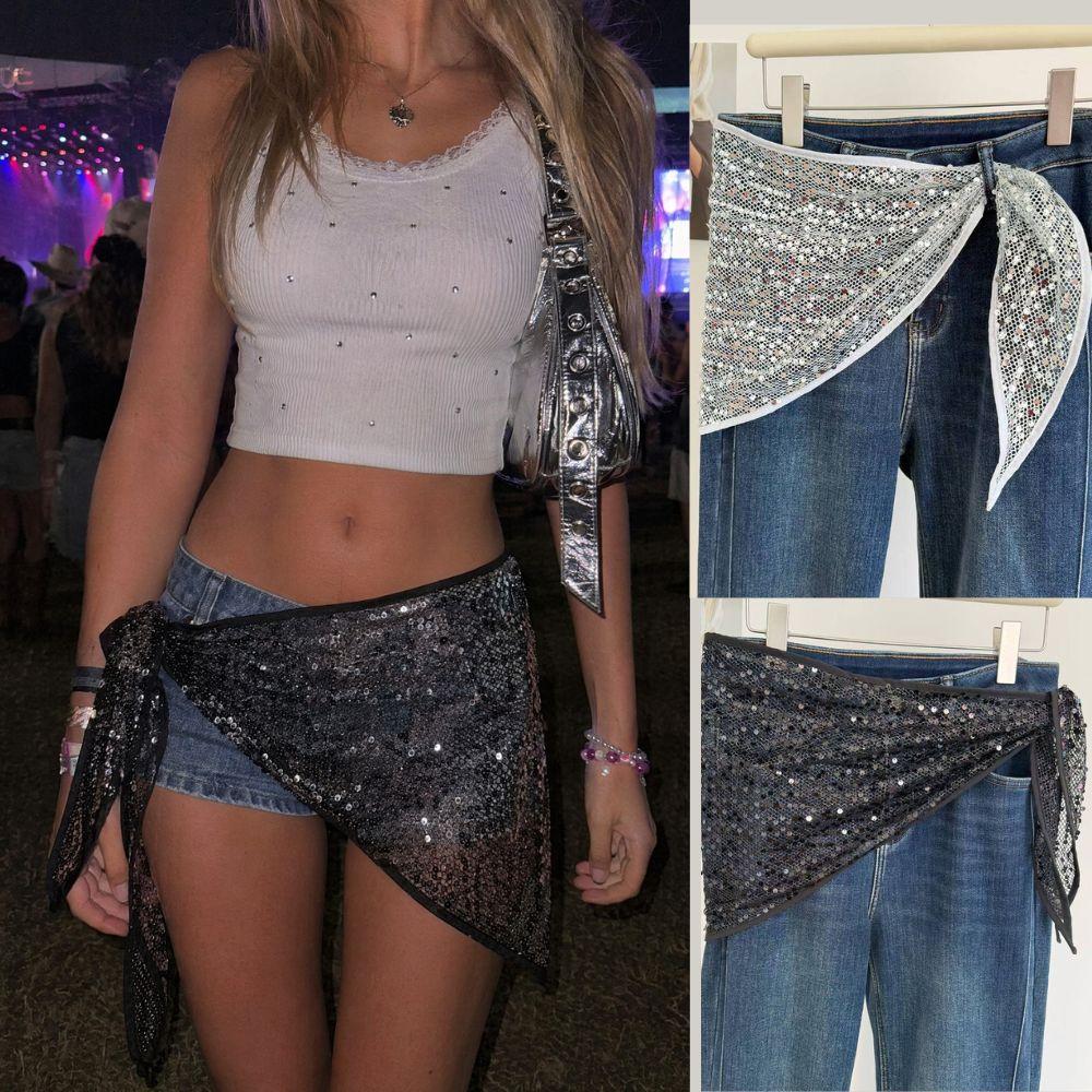 Retro Sequin Hollow Scarf Women Triangle Headscarf Bandana Summer Fashion Head Wrap Y2K Sweet Cool Waist Chain Belt Accessory
