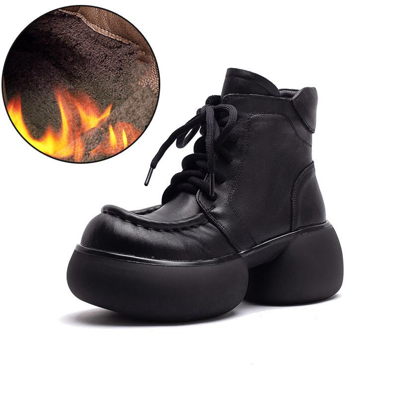 Johnature Натуральная кожа Британский стиль Ретро Толстая подошва Плюшевые Короткие ботинки Универсальная женская обувь на платформе