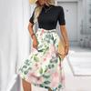Women's Fashion Casual Belt Short Sleeve Round Neck Floral Elegant Temperament Dress