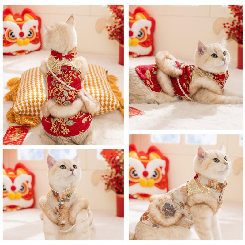 Pet Cat Dog Winter Warm Chinese Style Dress With Button Knot Design Festive New Outfit Small Pets