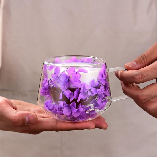 200ML Clear Glass Mug Double Wall Insulated Cup with Handle Aesthetic Dehydrated Flower Design Heat Preserving Tumbler for Coffee Tea