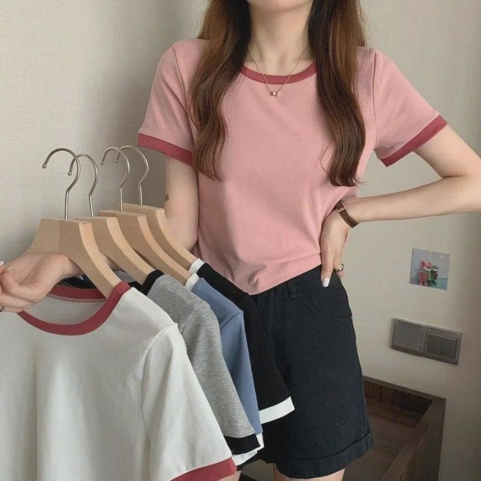 Women's Contrast Color Round Neck Short Sleeve T-Shirt - Slim Fit Summer Korean Style Top