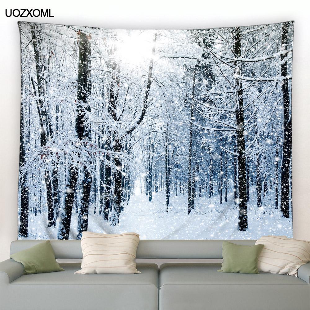 Рождественский гобелен на стене, природный белый лес, снежный настенный большой гобелен для вечеринки, гостиной, спальни, общежития, домашний декор