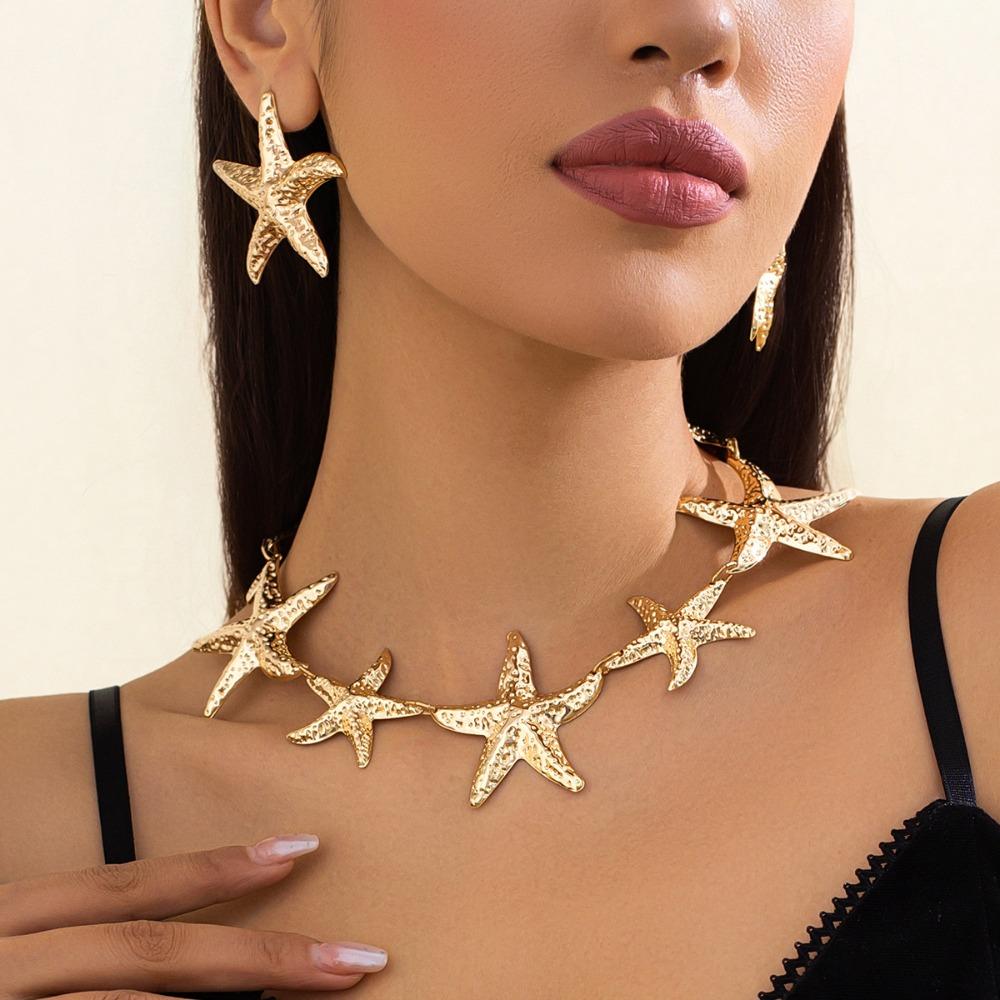 Punk Big Starfish Star Pendant Metal Stud Earrings Fashion Choker Necklace  for Women Gift