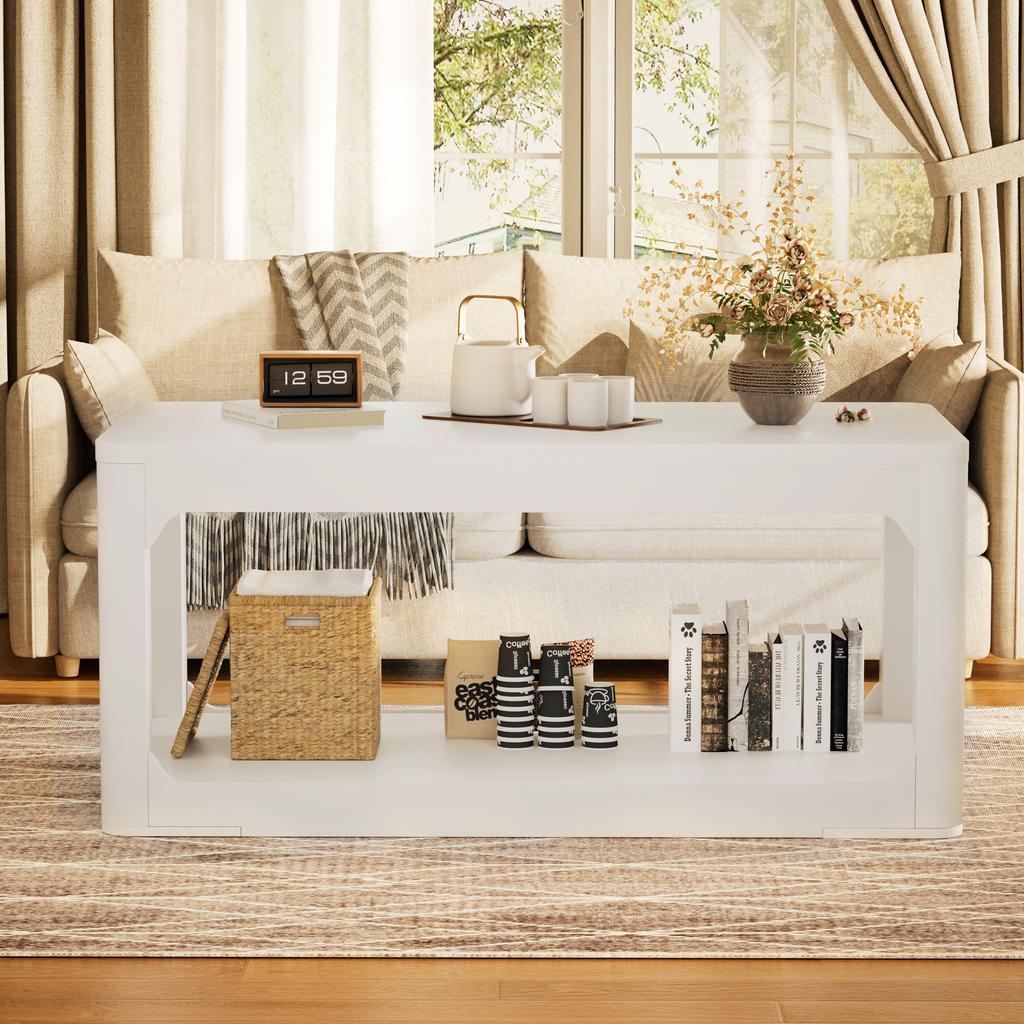 100 cm Long Coffee Table with Two Storage Compartments, 3 cm Thick Tabletop, Suitable for Living and Bedroom, Modern Design, White, 100*50*44.5cm