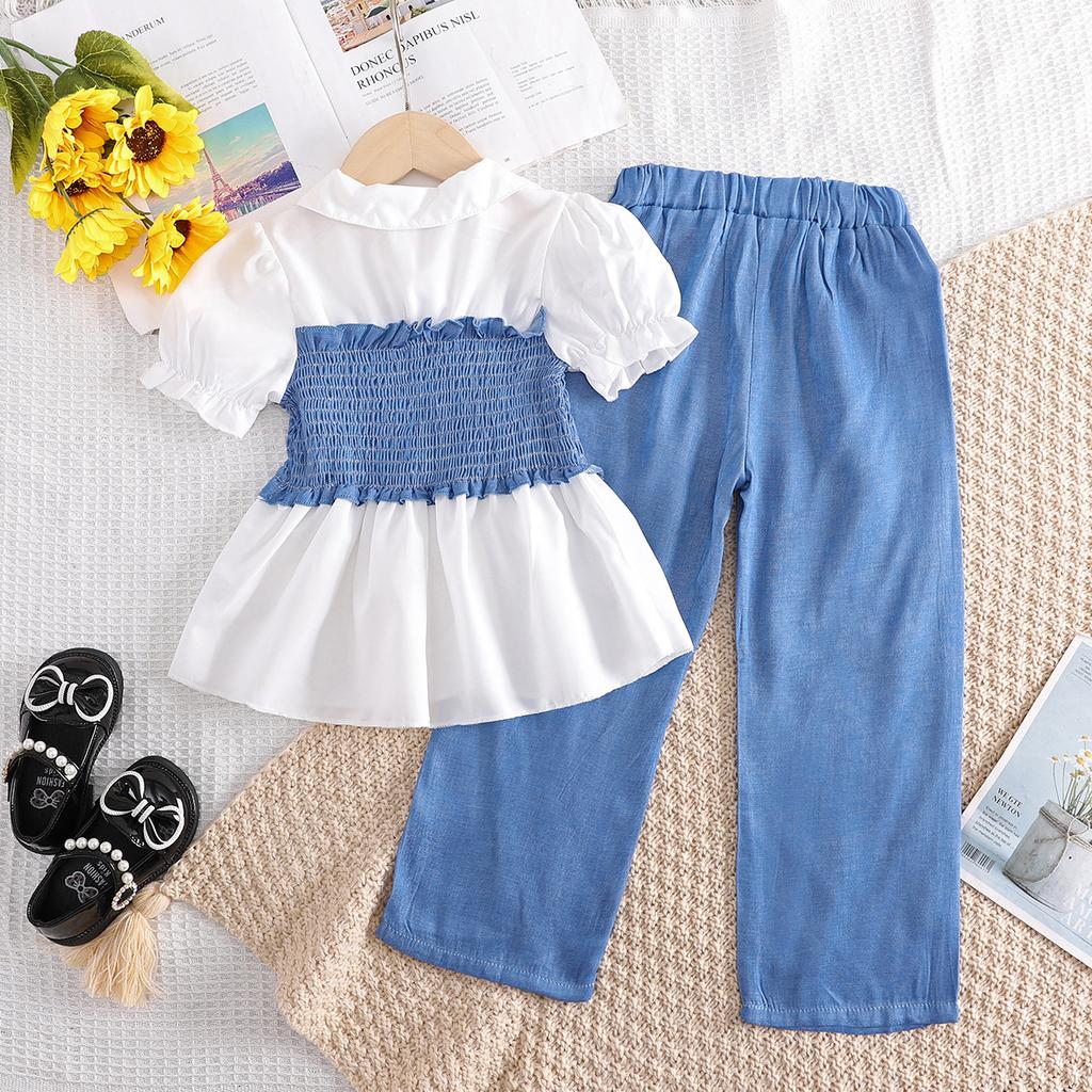 Новый летний детский модный комплект из двух предметов для девочек: топ + брюки широкого покроя, синий костюм, школьная форма