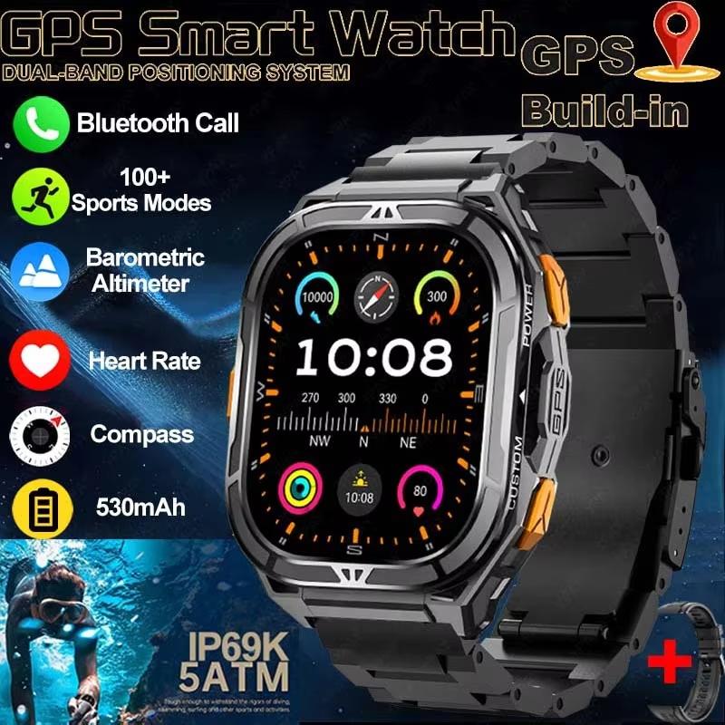 Новые умные часы с GPS-треком для мужчин, водонепроницаемость 5ATM, 1,96-дюймовый Always-On дисплей, компас, пульсометр, аккумулятор 530 мАч, BT-звонки, умные часы
