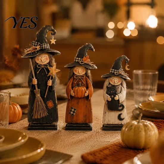 Solid Wood Halloween Crafts Vintage Wooden Witch Figurine, Statues with Ornaments Broom Pumpkin Black Cat, Fall Farmhouse Tabletop Decorations