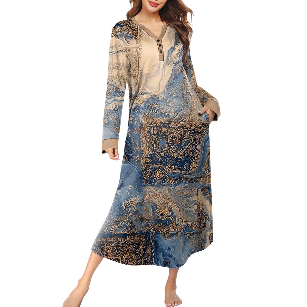 Женская ночная сорочка длинная домашняя одежда с V-образным вырезом и карманами