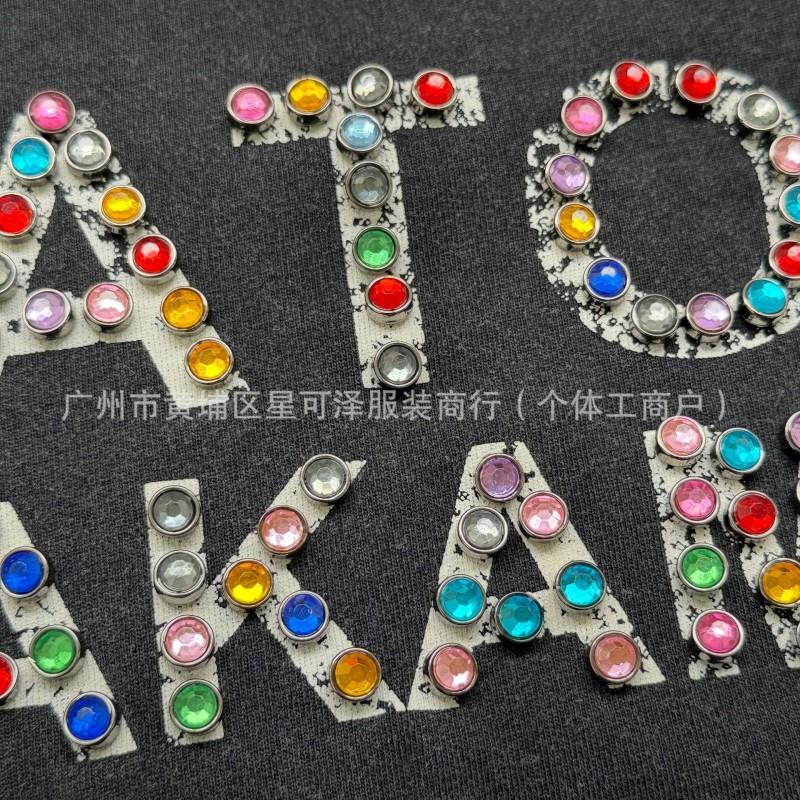 Vintage Washed Cotton Tee With Embossed Letter Rhinestone Detail Loose Fit Short Sleeve Men