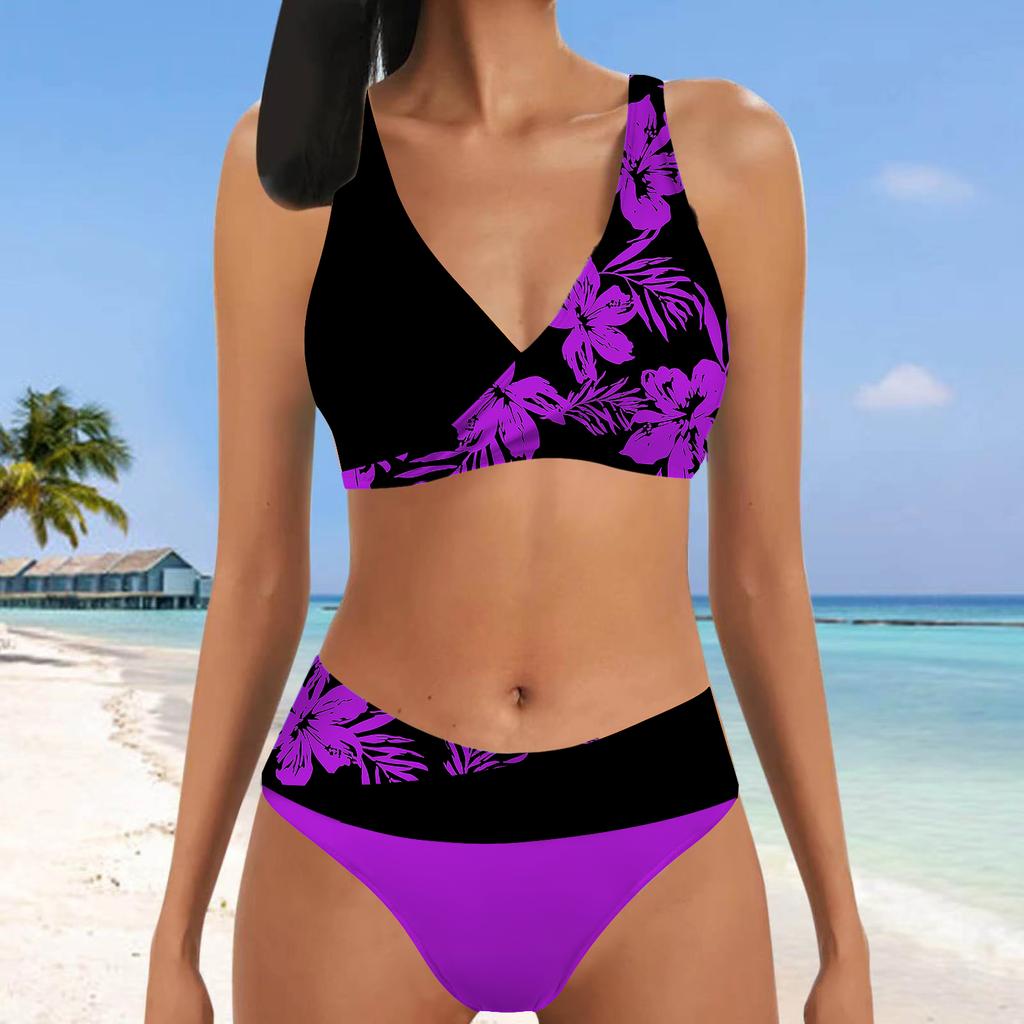 Women's Halter Two Colored Flowers Print Bikini Tankini Swimsuit