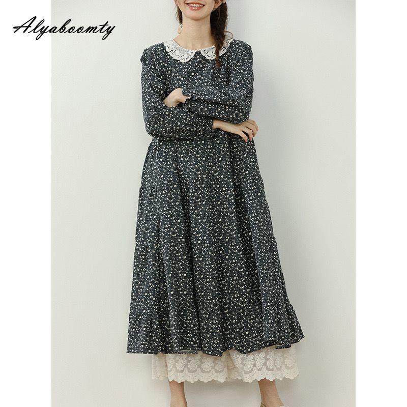 Японское платье Mori Girl весна-осень для женщин, свободное платье миди, милое кружевное платье с воротником Питер Пэн, зеленое, серое, синее, с цветочным принтом, винтажное элегантное платье