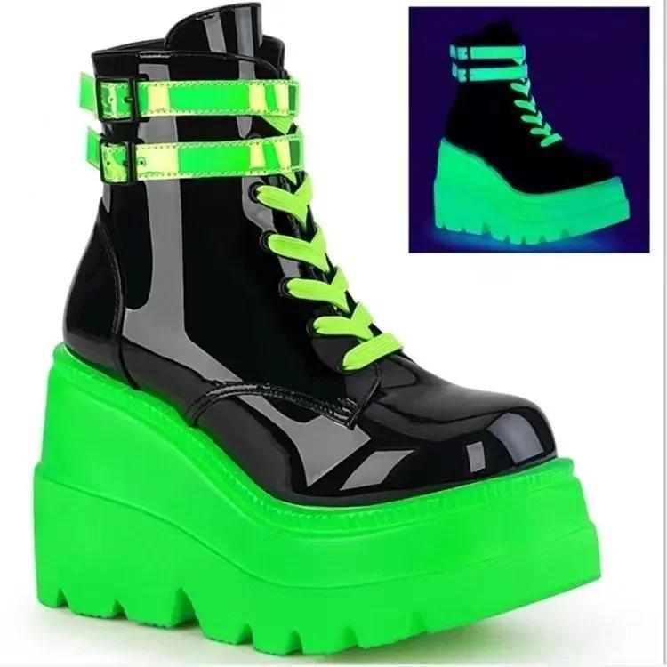 Fashion 2025 New Fashion Zip Lace-up High Heels Women's Boot Party Goth Wedges Shoes Woman Luxury Female Platform Green Ankle Boots