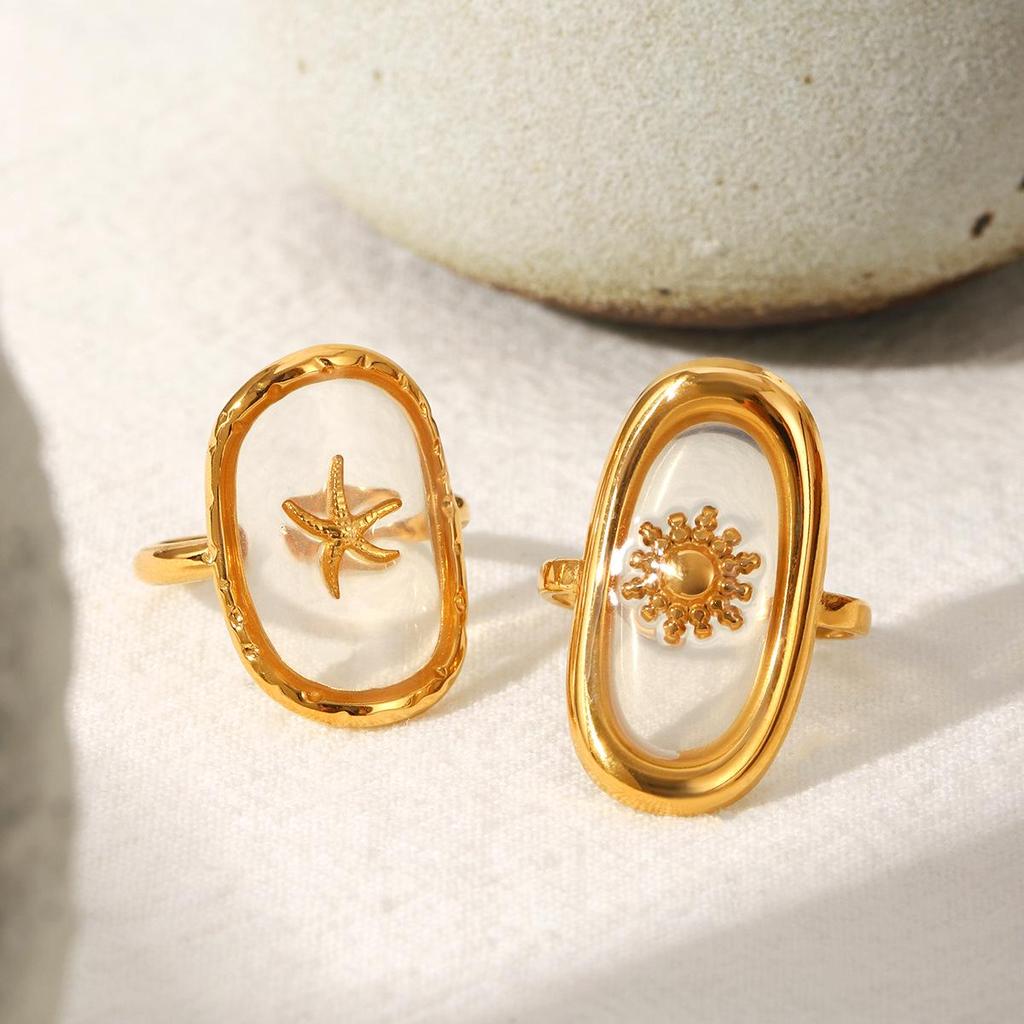 European-American Luxury Open Ring: 18k Gold-Plated Stainless Steel with Epoxy Sun Design for Women
